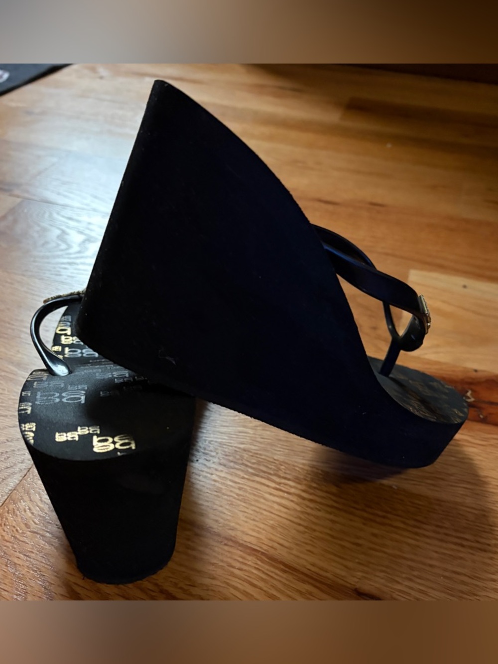 bebe Black Wedge Flip Flops with Gold Logo Print - Picture 2 of 4